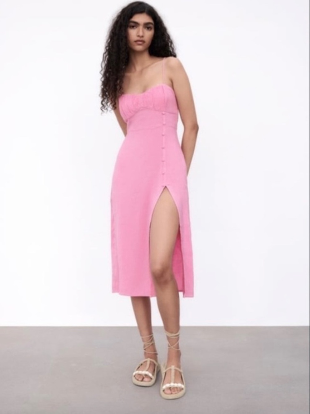 Zara - buttoned linen blend dress, size XS, pink